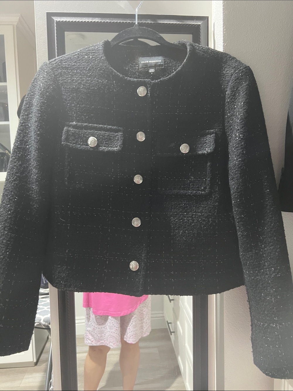Club Monaco new Black Tweed Button-Front Jacket, size 8, Chanel vibes